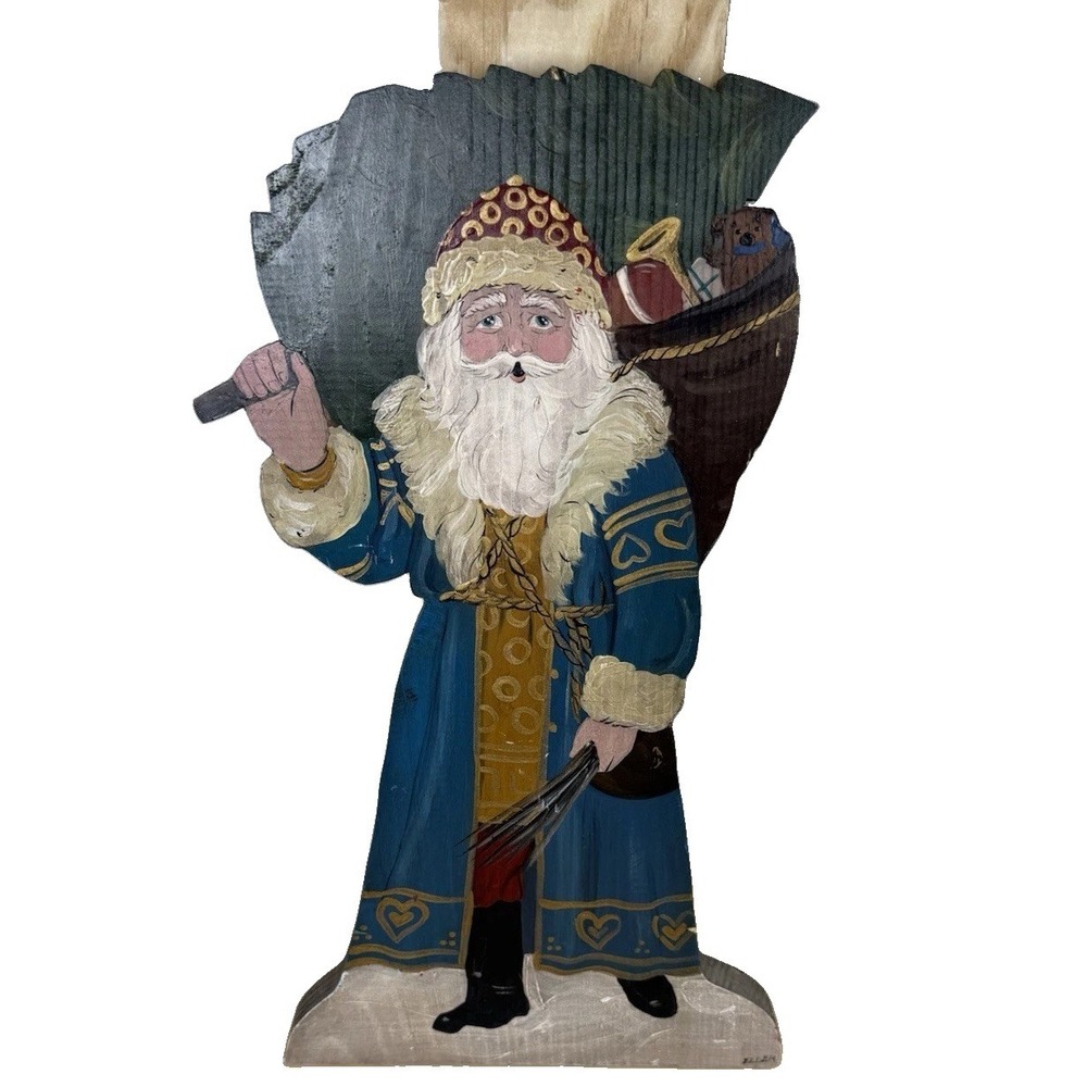 Vintage Santa Hand Painted Wood Folk Art Father Christmas Tabletop Decor Signed